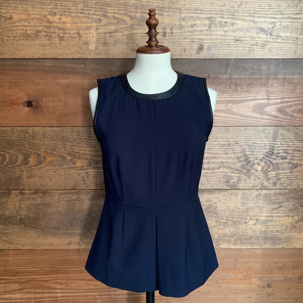 Madewell Navy Peplum Top w/Black Leather Trim